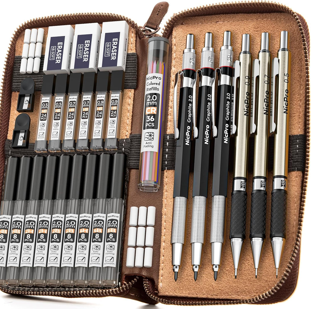 nicpro 30pcs art mechanical pencil set in leather, main product view