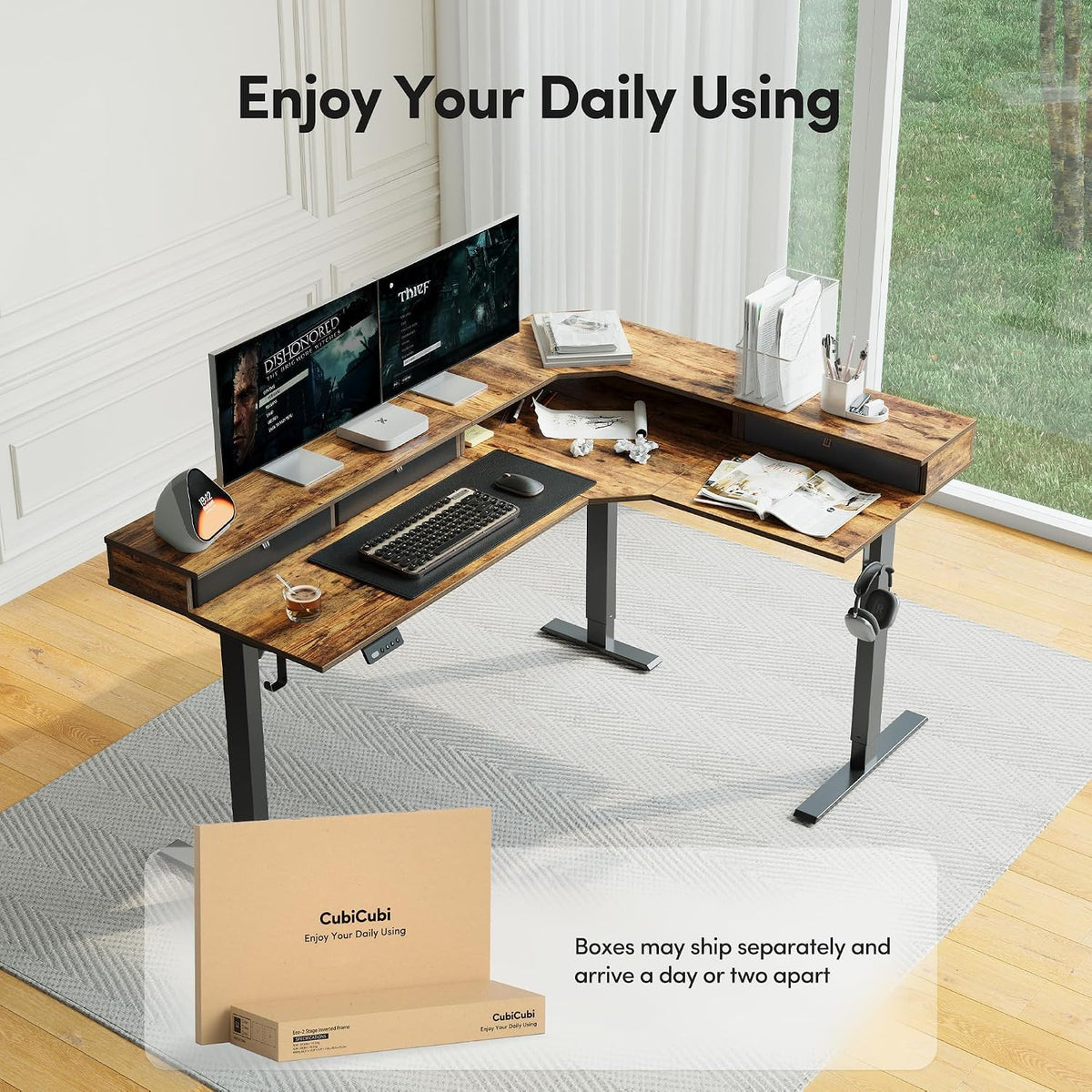 CubiCubi 63"x48" L Shaped Standing Desk with Drawers & Shelf, R...