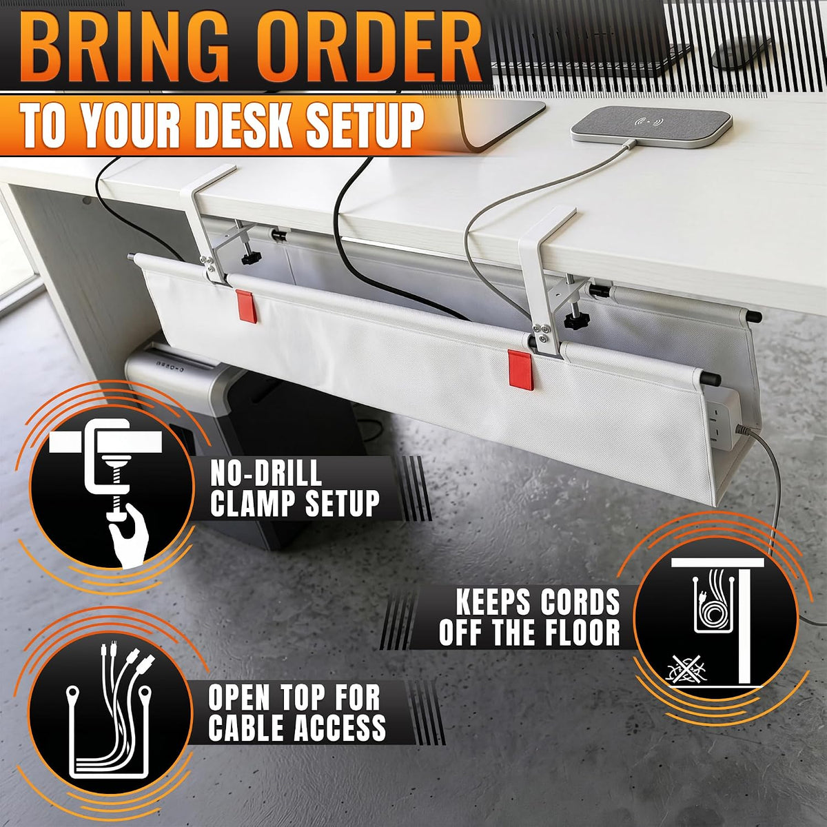 Under Desk Cable Management Tray 28" — No Drill Clamp-On Cord Organizer ...
