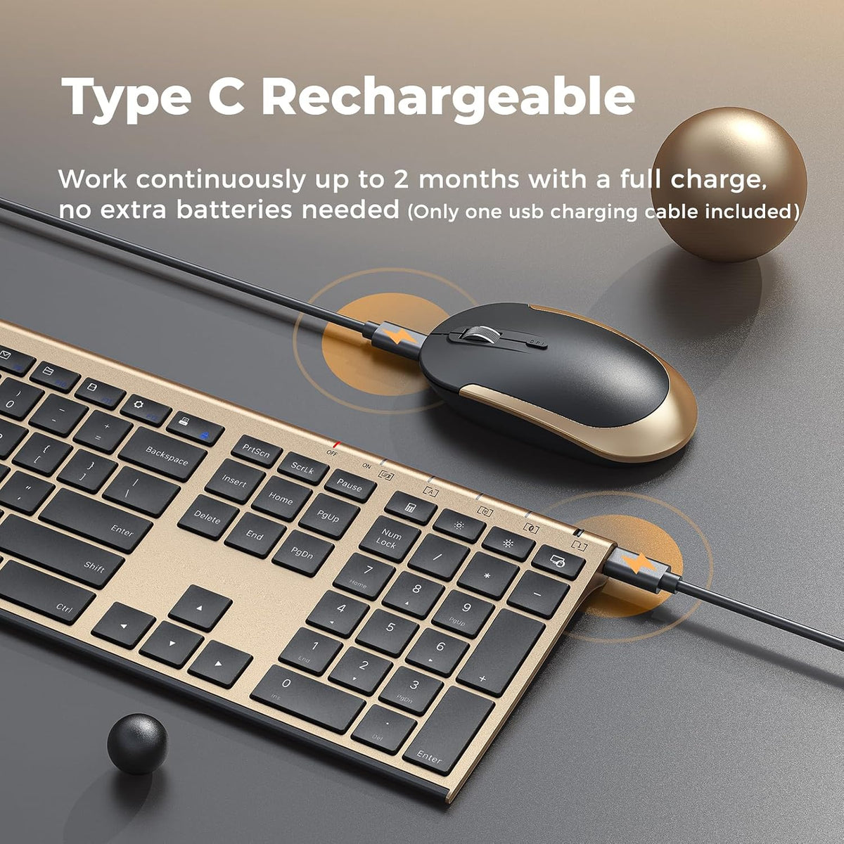 Vssoplor Wireless Keyboard and Mouse, Rechargeable Ultra Slim, Black Gold