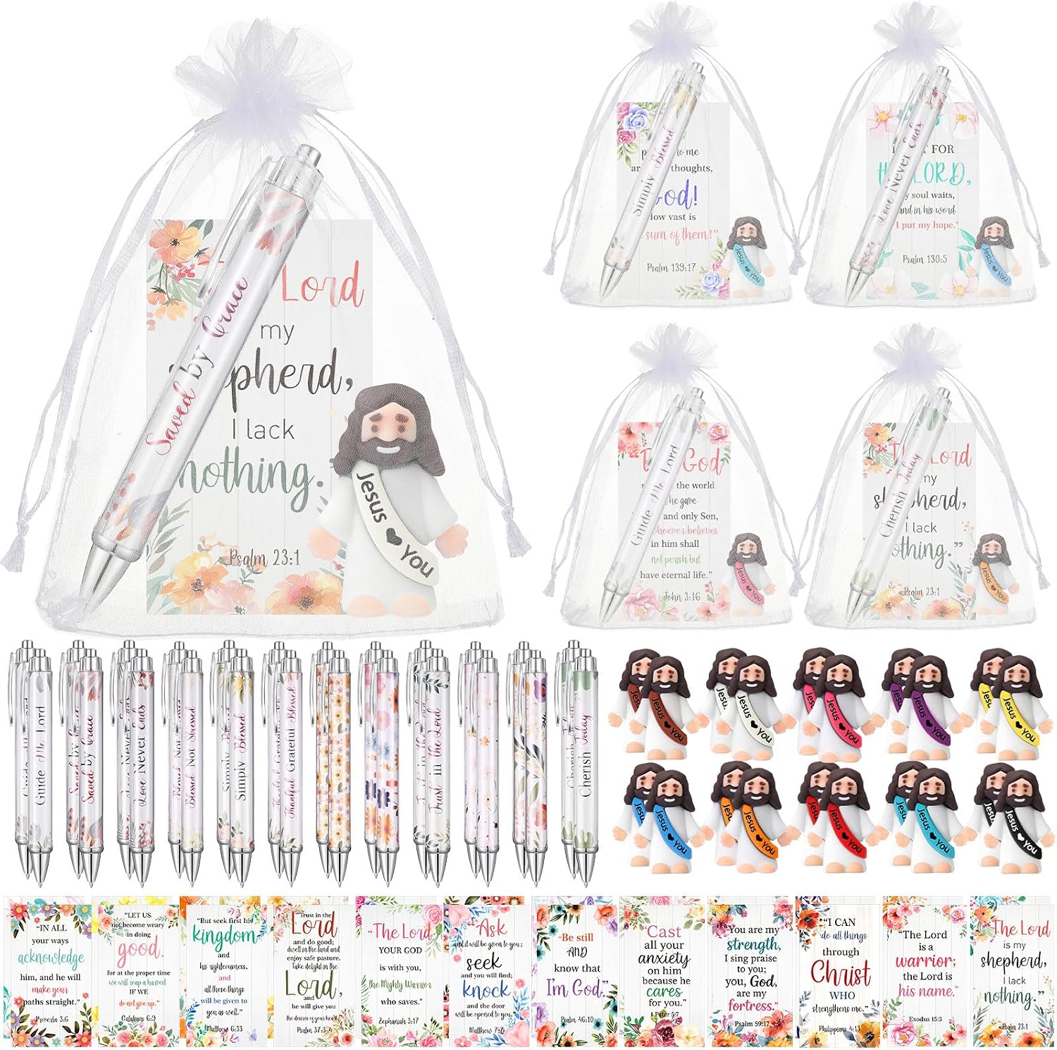 Cinnvoice 24 Set Christian Bulk Gifts for Women, Little Jesus Figures, Bible Verse Pens Gift with Prayer Cards, Religious Vbs Scripture for Easter Sunday Church Inspirational Supply (Floral Style)