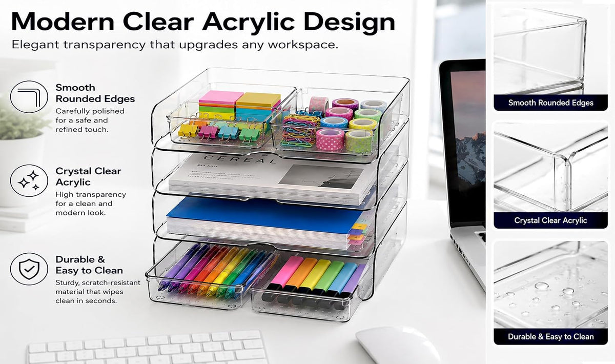 DCA 4 Tier Desk Organizer, Clear Paper Tray with 4 Storage Bins