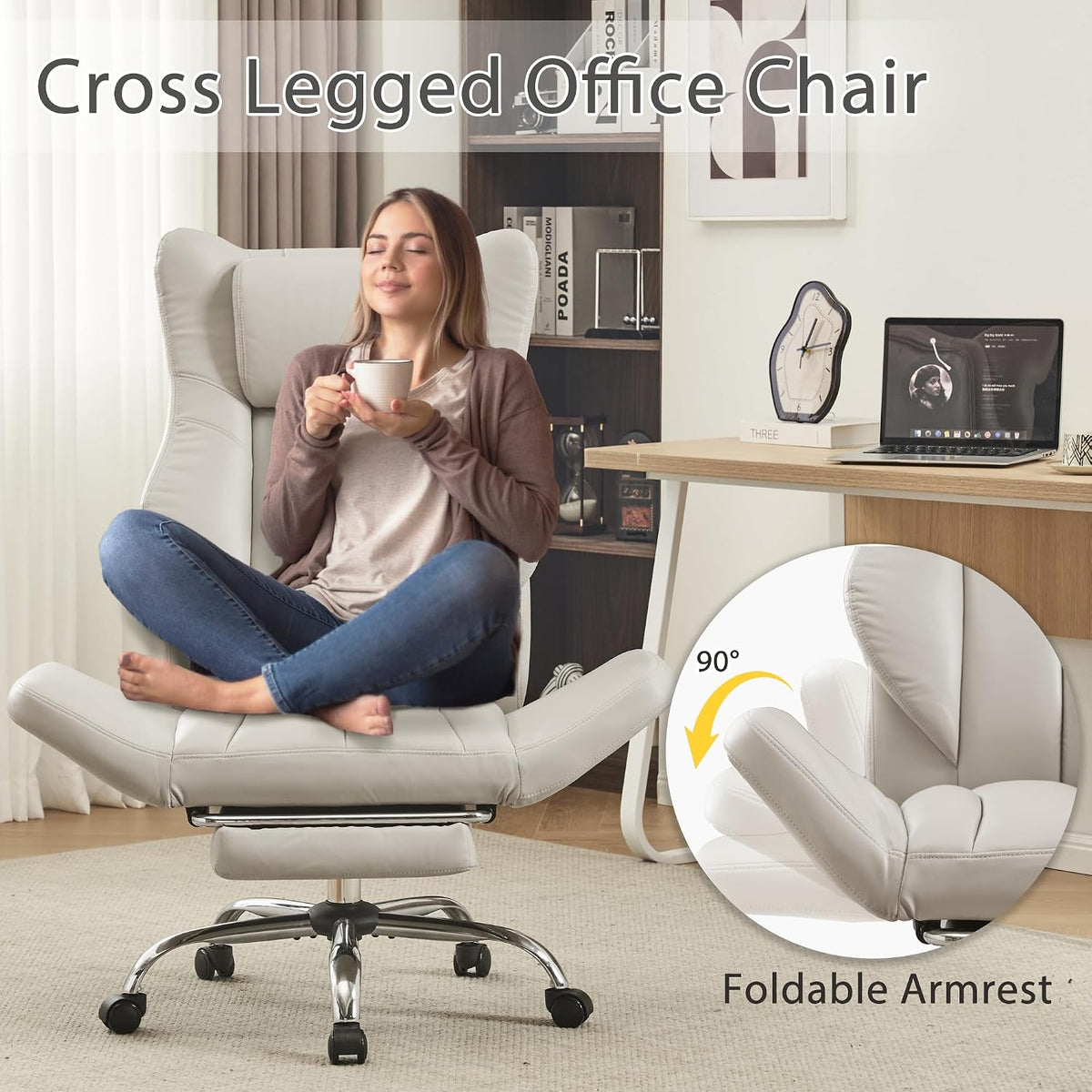 JOMEED Cross Legged Office Chair with Footrest,Flip Armrest,Beige
