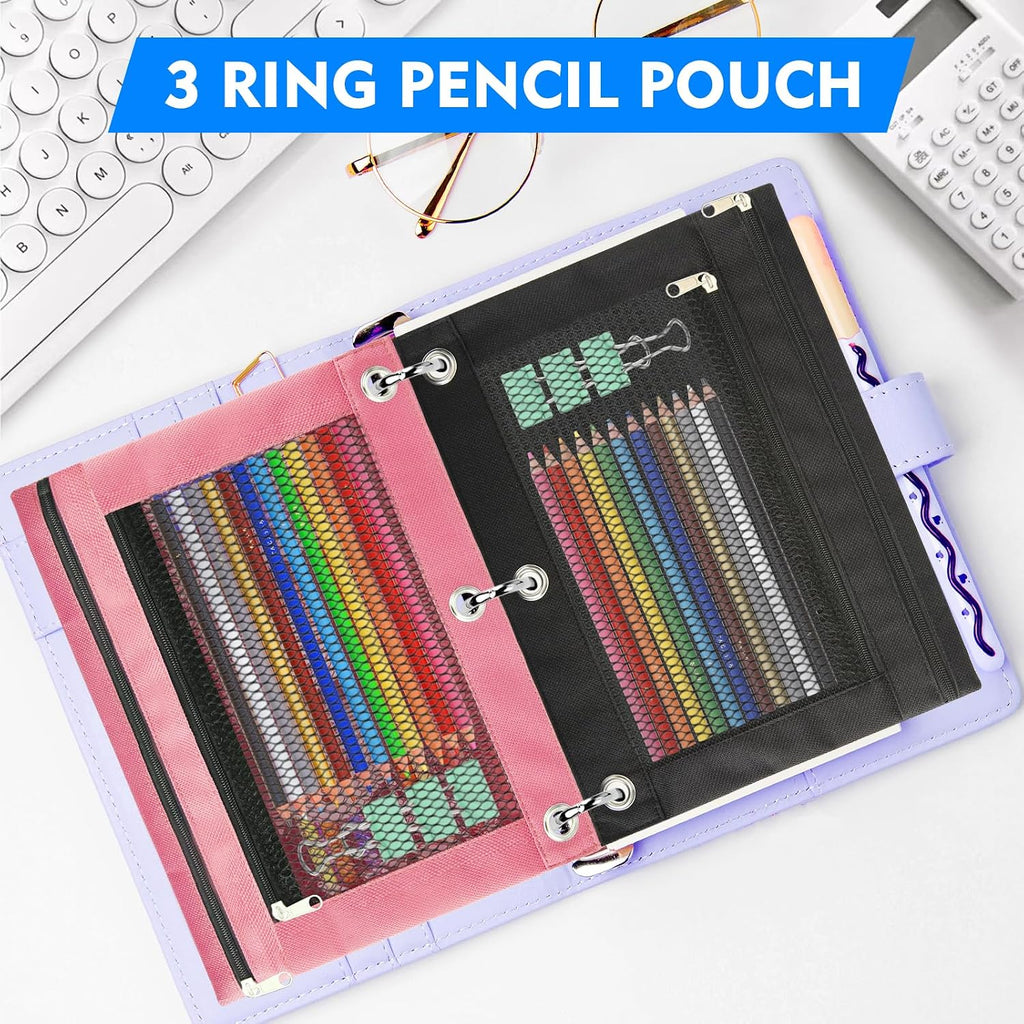 Pencil Pouch for 3 Ring Binder - 3 Pack Zippered Pencil Pouches with Transparent Mesh Window| Binder Pouch with Smooth Zippers| Zippered Pencil Bag for School Office Students, Black+Grey+Pink