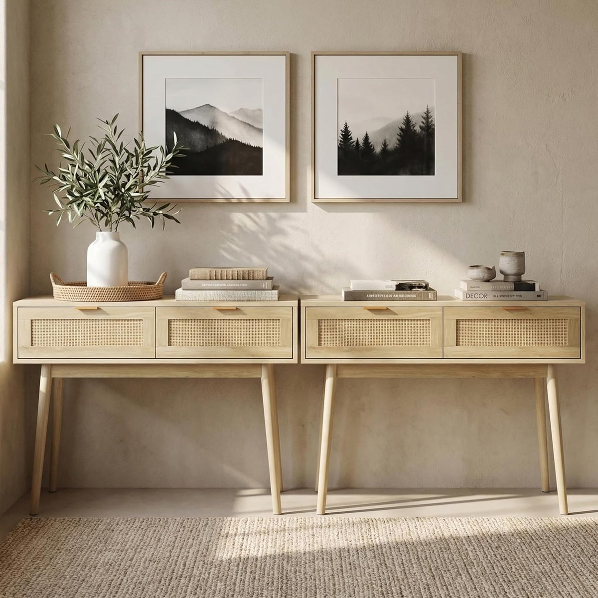 HOPUBUY Console Table Rattan Desk with Drawers, Narrow Sofa