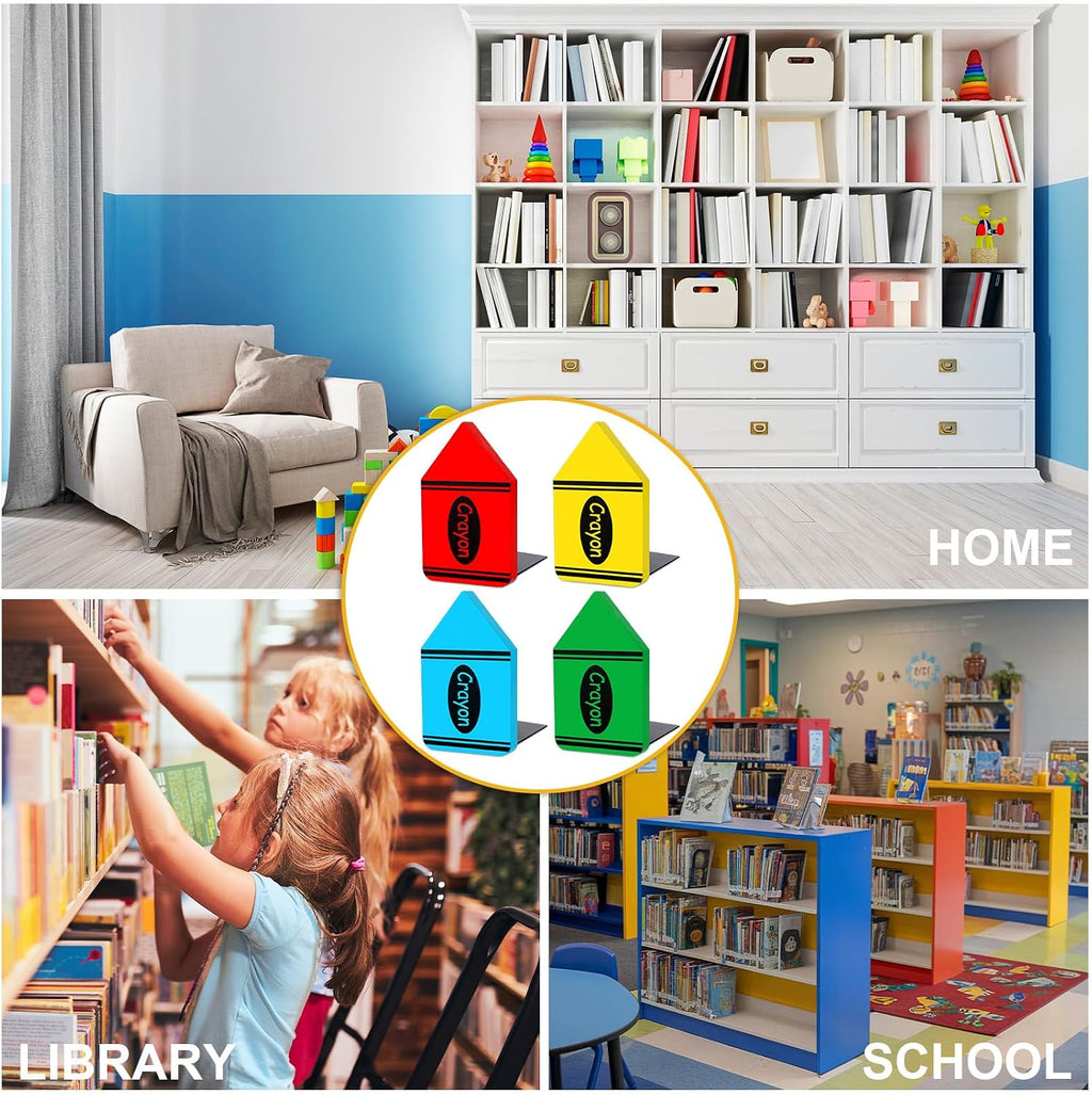 FYSUIMU 4Pcs Back to School Wood Bookends Non Skid Book Stoppers Colorful Crayon Shape Wooden Book Stands for Heavy Books Home Office School Library