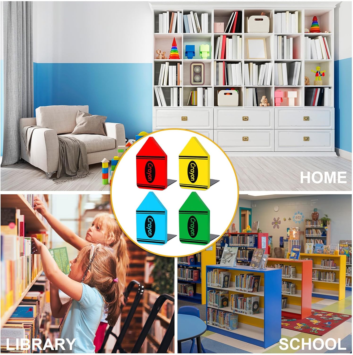 FYSUIMU 4Pcs Back to School Wood Bookends Non Skid Book Stoppers Colorful Crayon Shape Wooden Book Stands for Heavy Books Home Office School Library