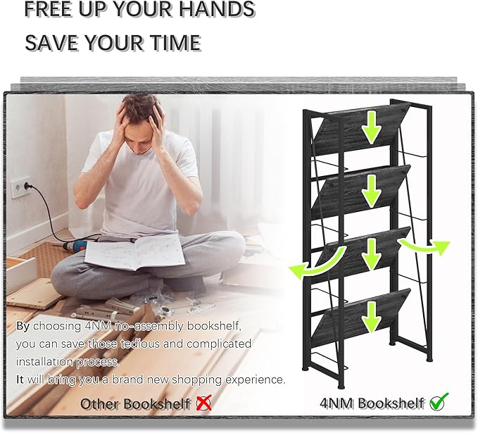 4NM No Assembly Folding Bookshelf Storage Shelves 4 Tiers Vintage Bookcase - Image 7