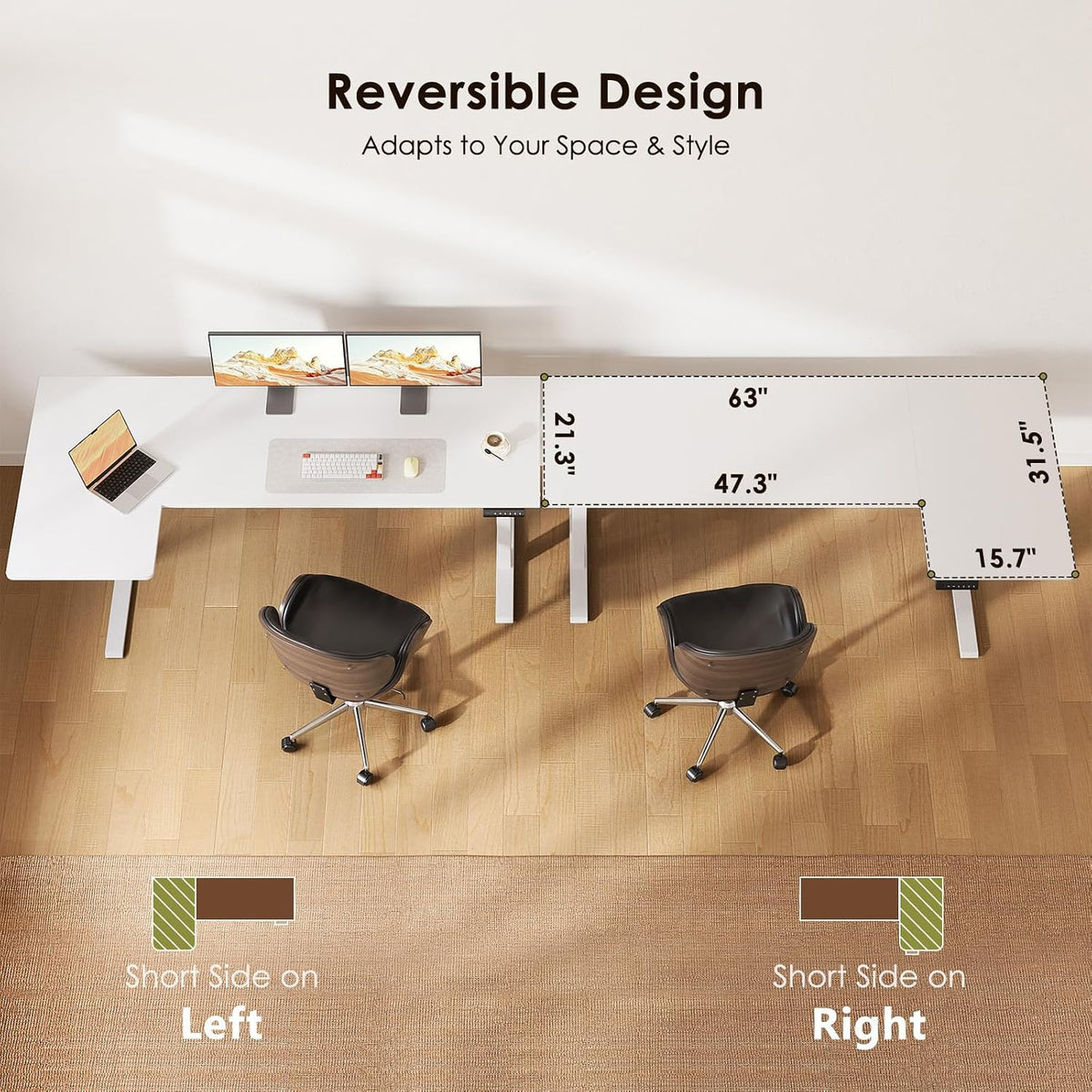 OffiGo 63 Inch Reversible L Shaped Electric Standing Desk, White