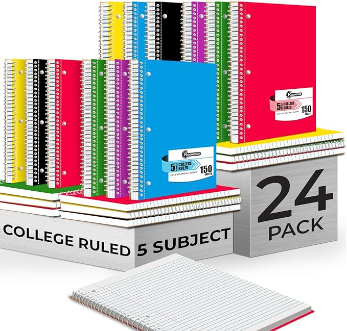 Rosmonde Bulk Spiral Notebook 24 Pack, 5 Subject, 300 Pages/Book, 8 x 10-1/2 by Rosmonde