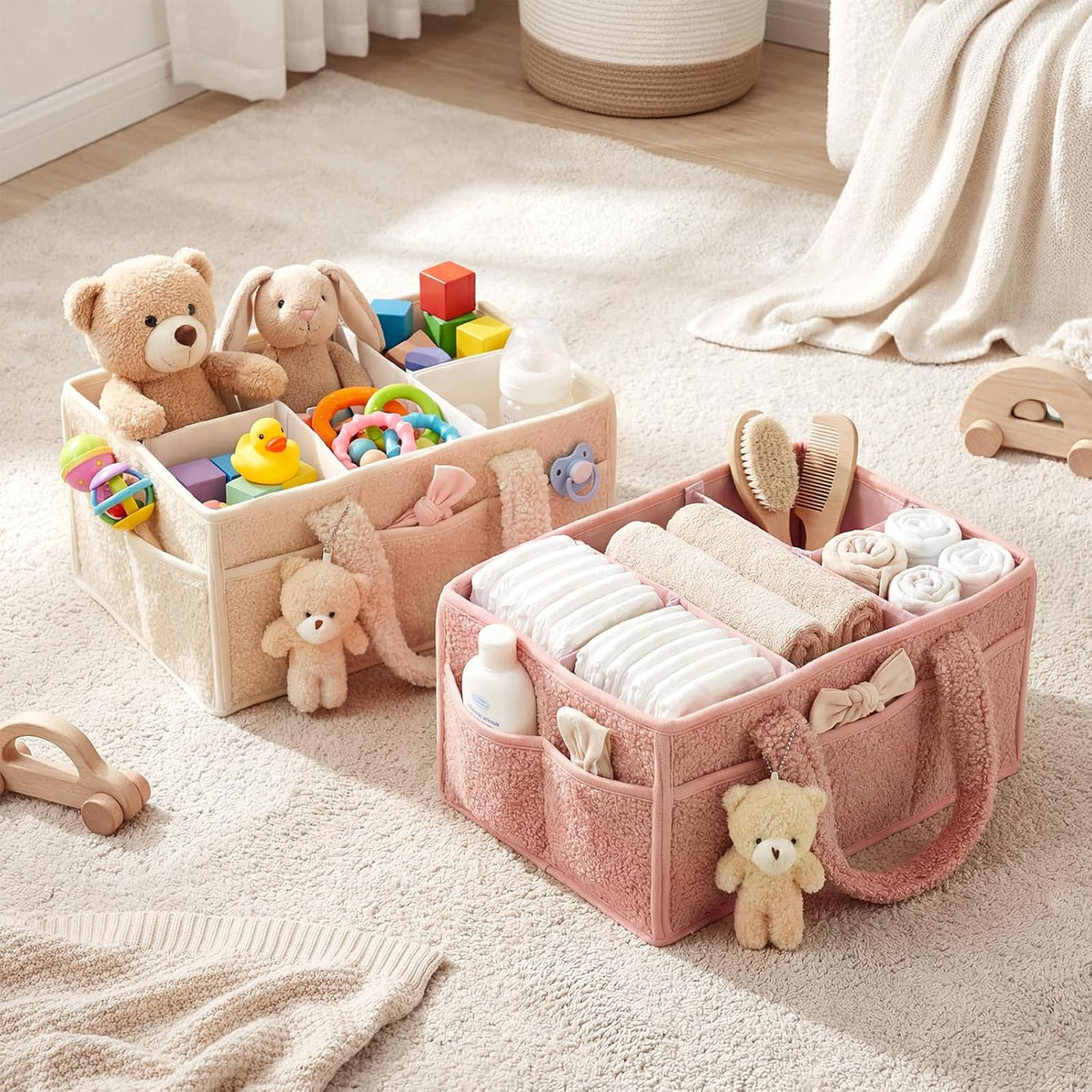 Shinylin 2 Pack Plush Diaper Caddy Organizer, Powder Pink and Ivory