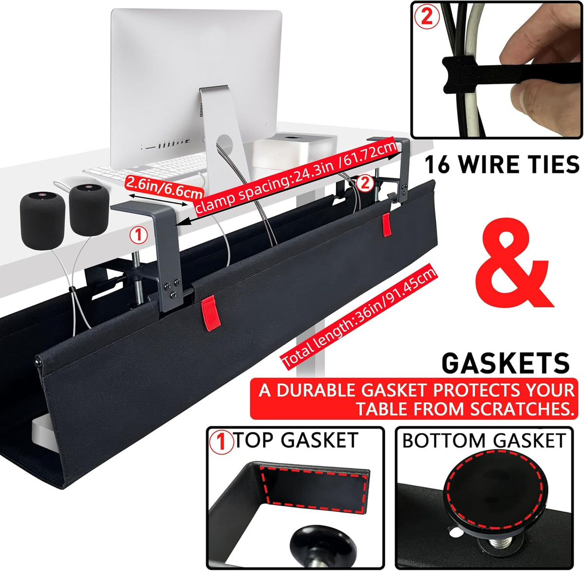 No Drill Under Desk Cable Management Tray, 36" Desk Cable Organizer
