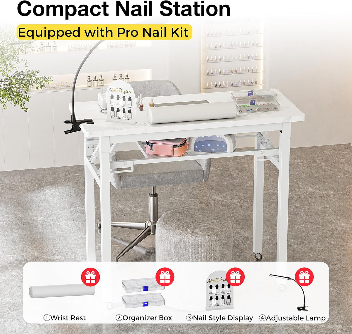 Portable & Foldable Manicure Table w/Dust Collector, Rolling Nail Tech De...