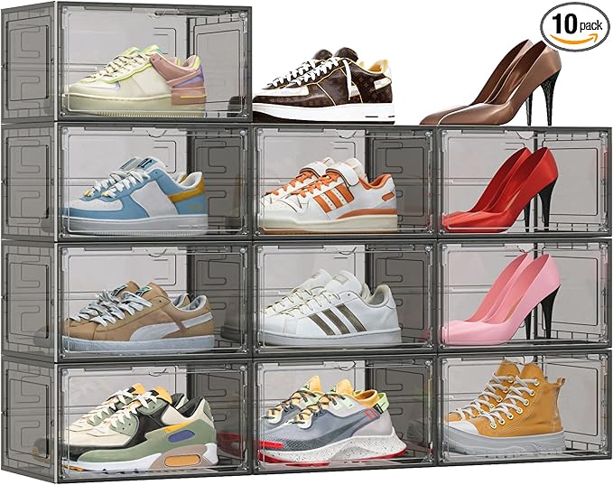 TOFWOF 10 Pack XX Large Shoe Organizer, Heavy-Duty Hard Thicken Plastic Clear by TOFWOF