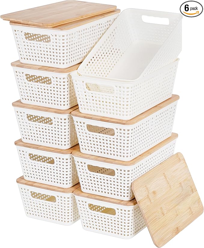 Anywish Storage Bins with Lids 10 Packs, Plastic Storage Bins with Bamboo Lids by Anywish