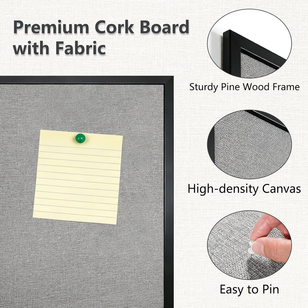 Cork Board, 36x24 Inch Wood Framed Bulletin Board with Gray Fabric