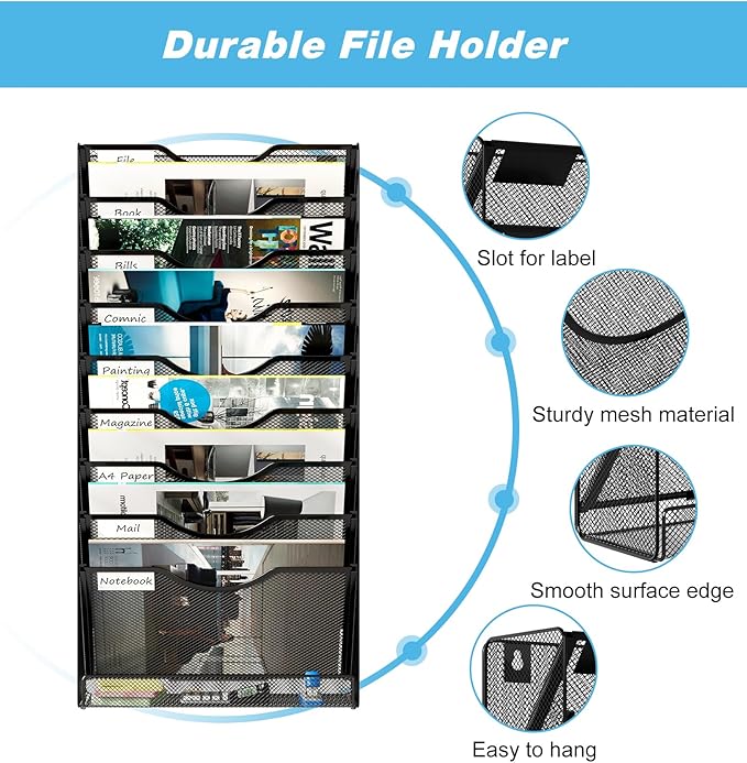 Solinxe 10 Tier Wall File Organizer, Vertical Mesh Paper Mail Organizer Wall - Image 3