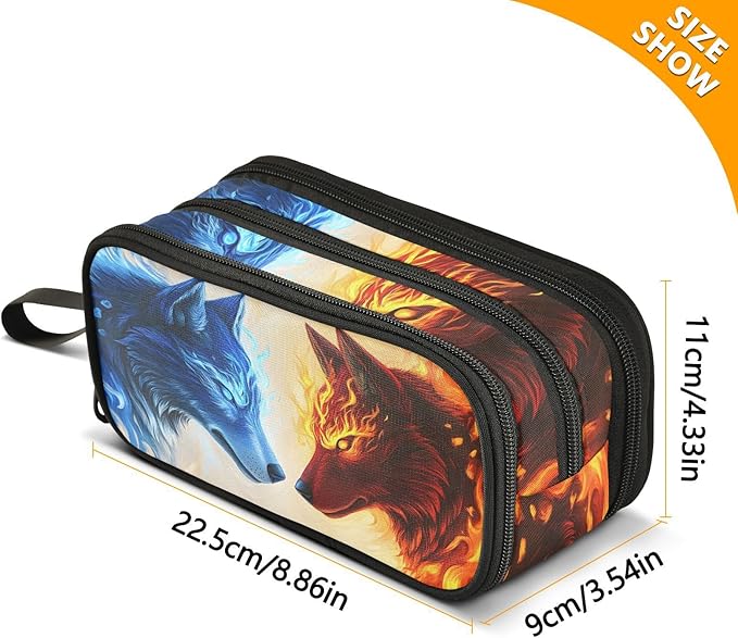 BOENLE Wolf Ice Blue Fire Pencil Case Box Boys Girls Large Pencil Pouch - Image 4