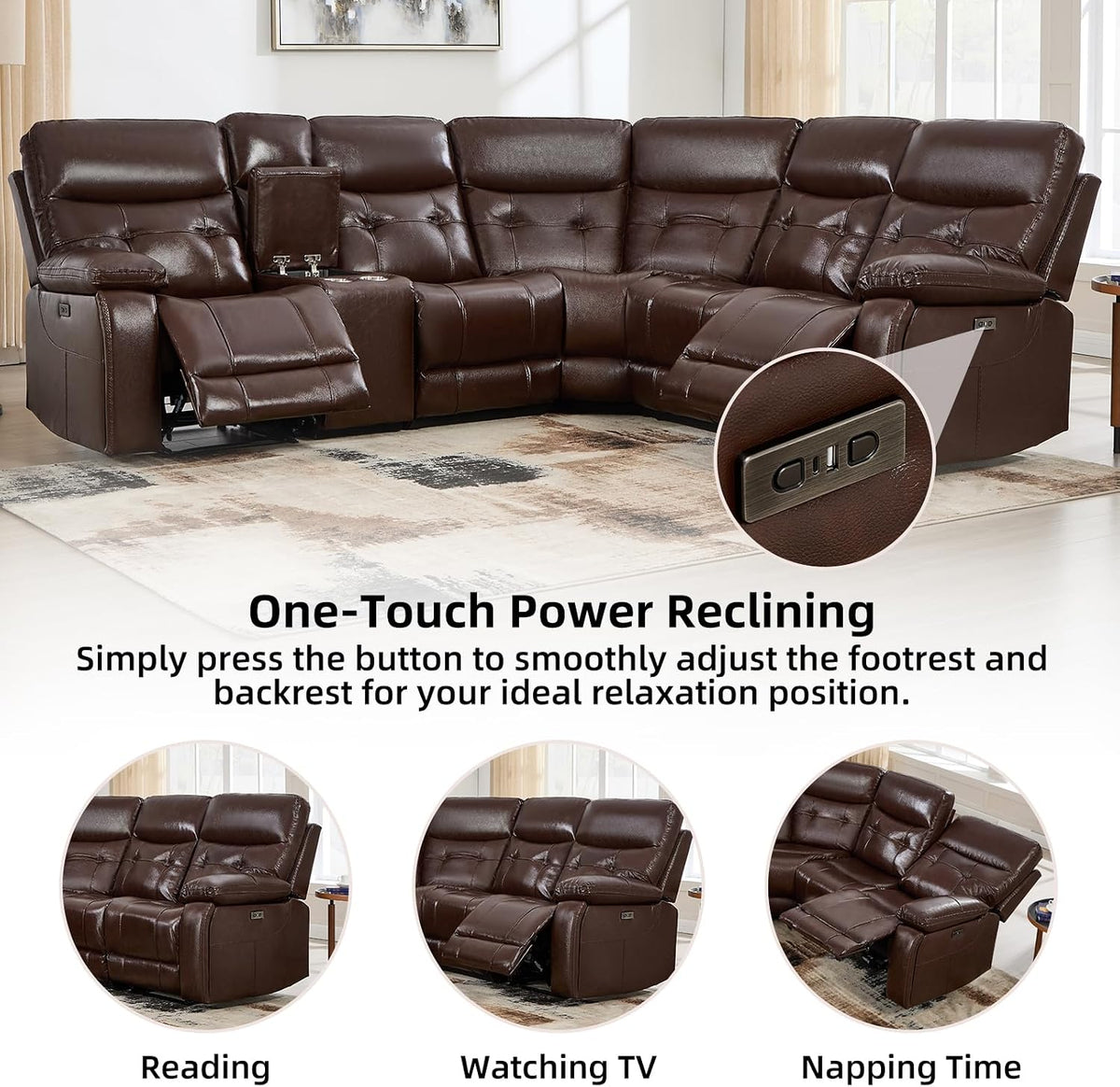 CANMOV Genuine Leather L-Shaped Power Recliner Sectional Corner Sofa