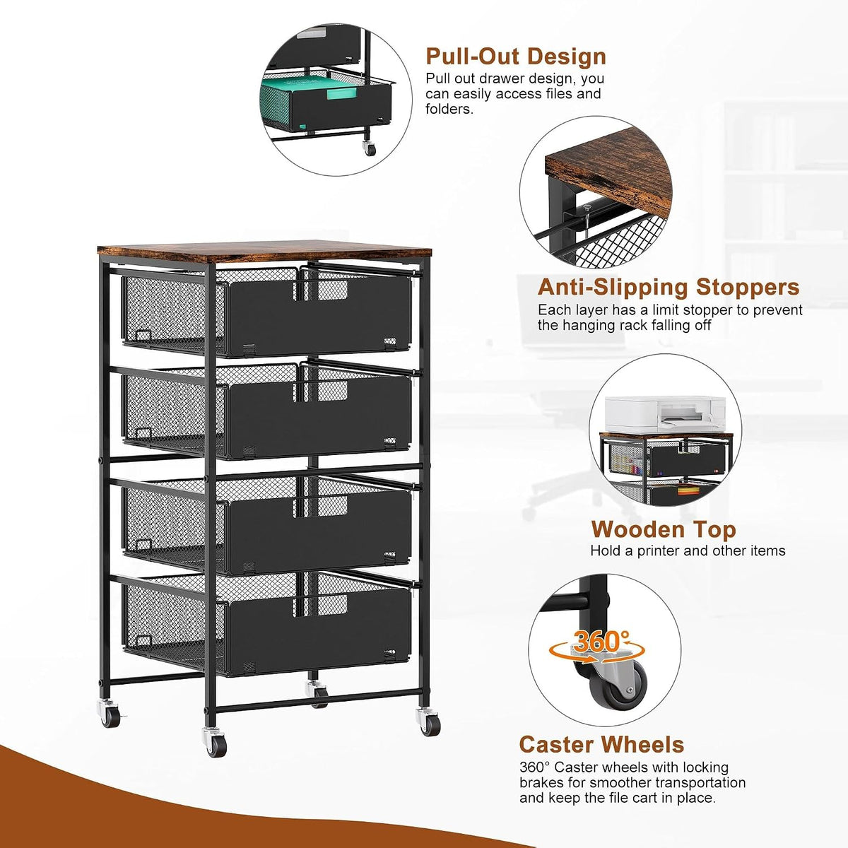 EasyPAG Rolling Storage Cart with 4 Drawers, Under Desk File Cabinet on Locka...