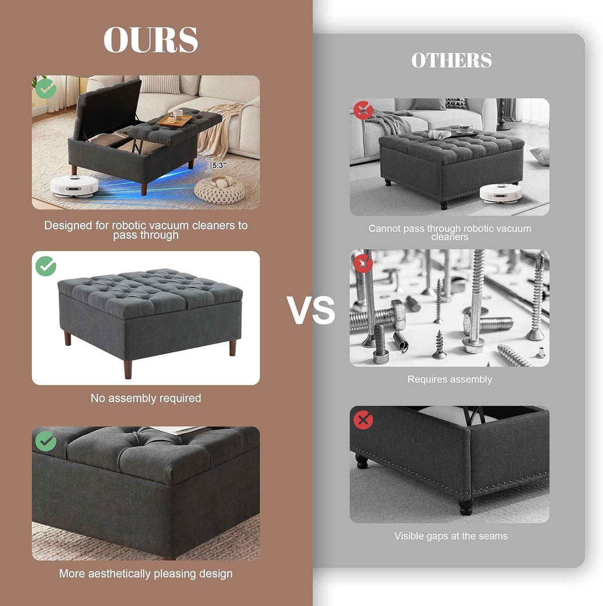 Weture 35" Large Storage Ottoman Coffee Table, Square Ottoman, Dark Grey