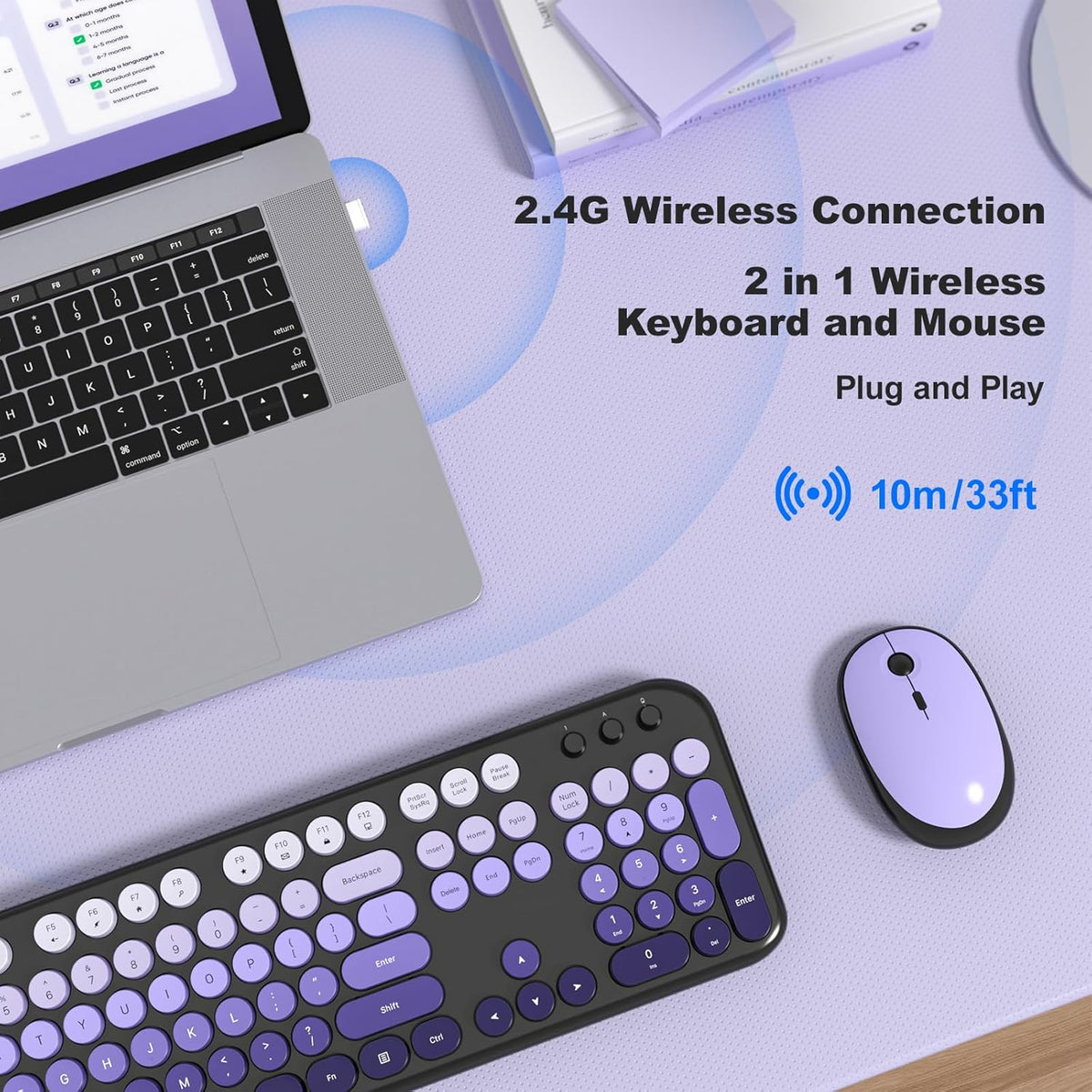 Wireless Keyboard Mouse Combo - Lovely Blackpurple-Gradient Rainbow Full-Size...
