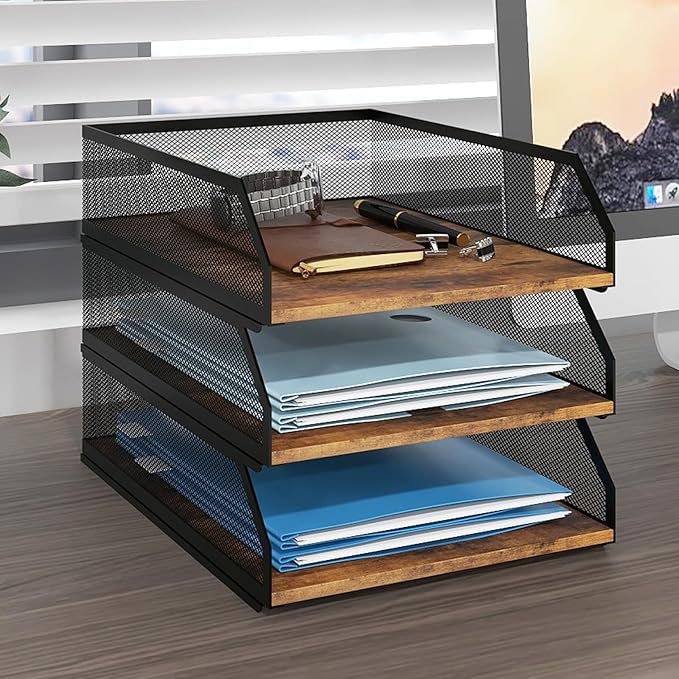 Natwind 3-Tier Stackable Paper Tray, Metal Mesh Desktop Organizer, Wood Board by Natwind