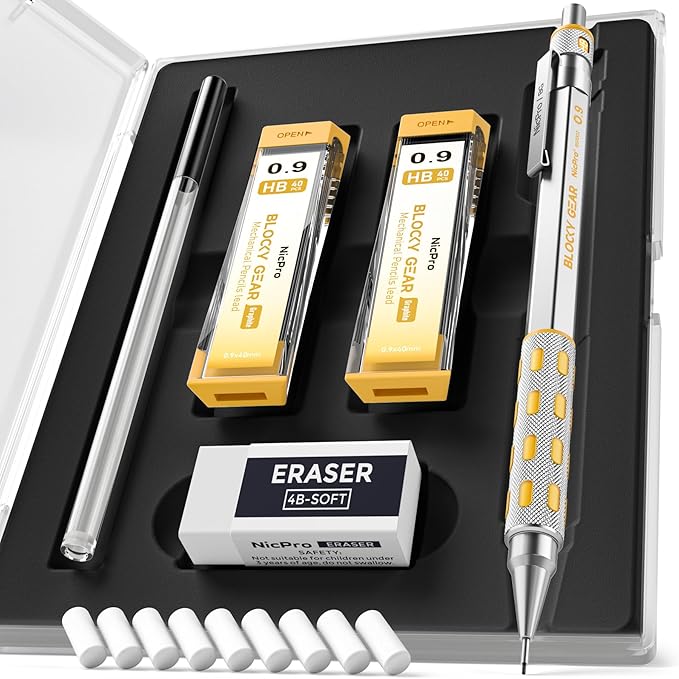 Nicpro Blocky Gear 0.9 mm Mechanical Pencils Set in Case, Metal Pencil by Nicpro