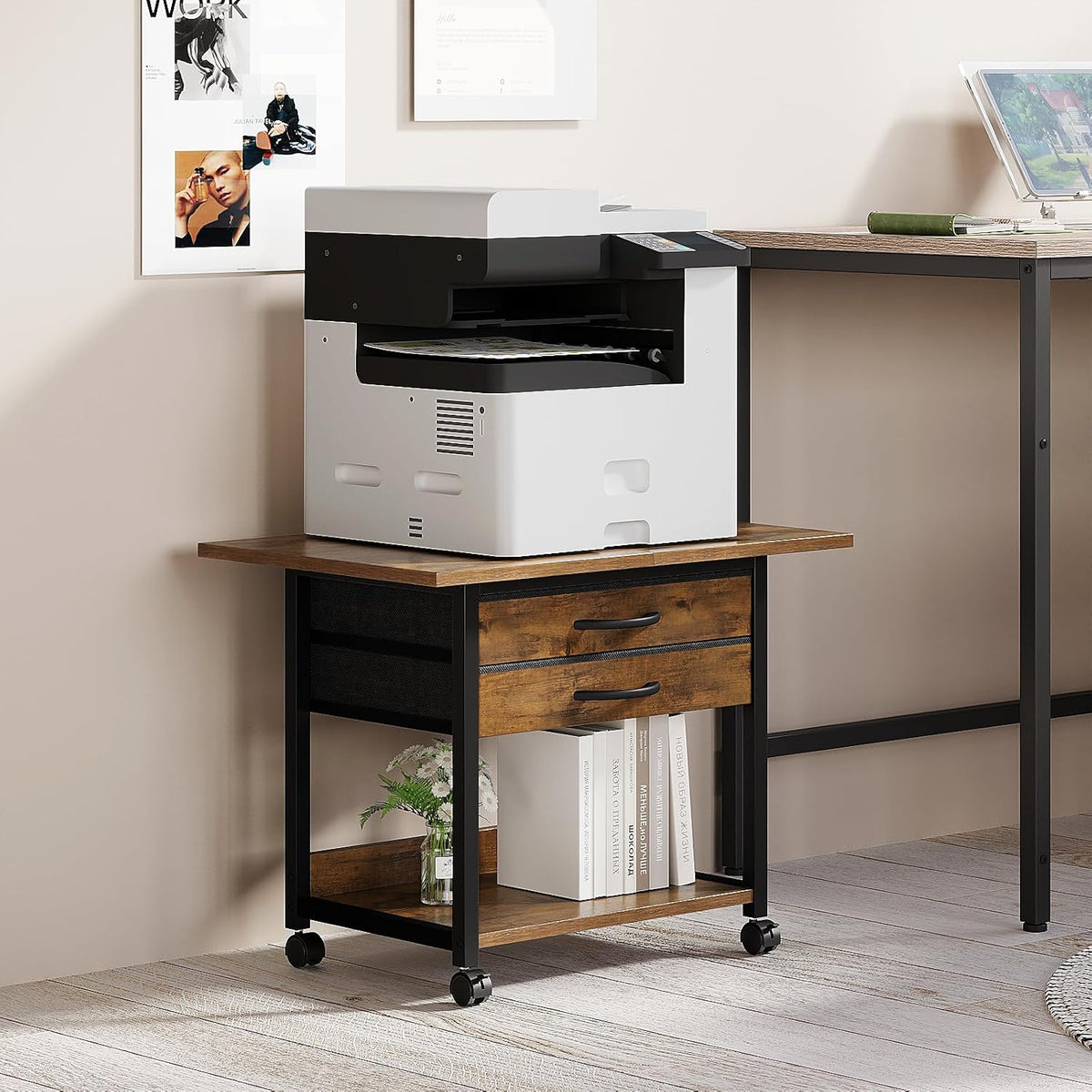 VENNQD Large Printer Stand with Storage Fabric Drawer Under Desk Printer Tabl...