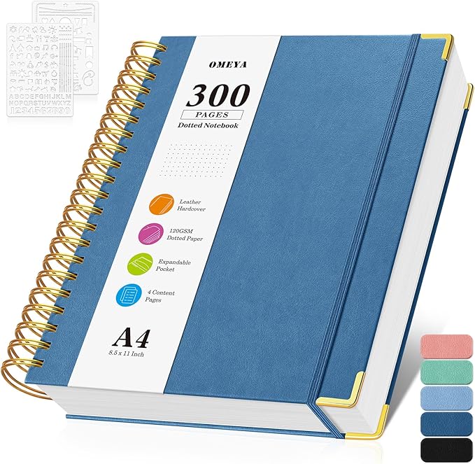 Bullet Dotted Journal Spiral Notebook, 300 Pages Leather Notebooks by OMEYA