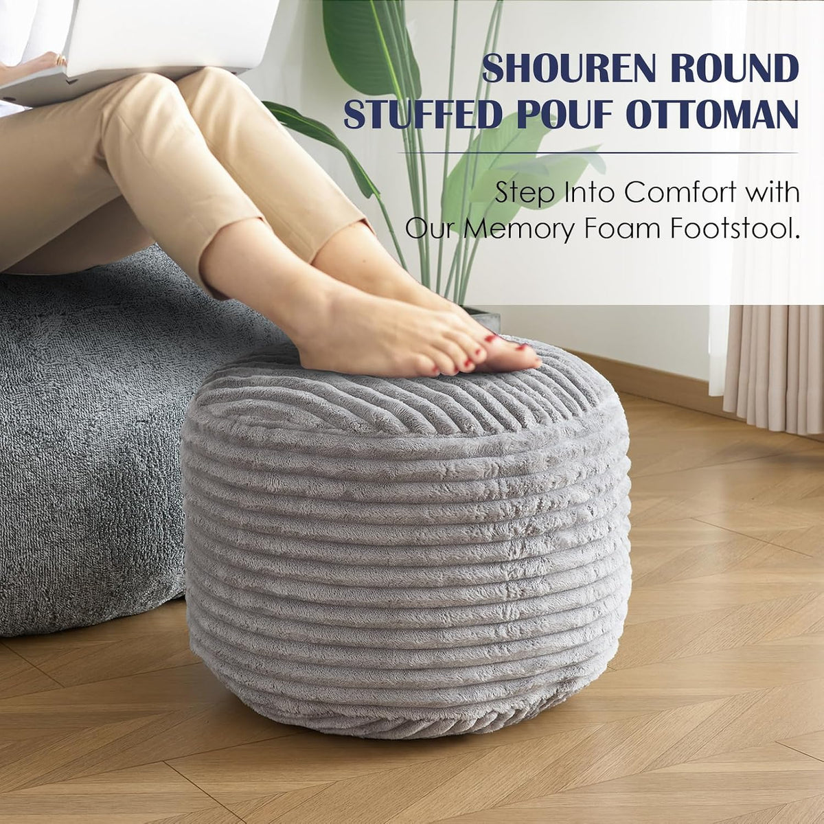 SHOUREN Stuffed Round Ottoman,Pouf Ottoman Foot Rest,20 X 15,Light Grey