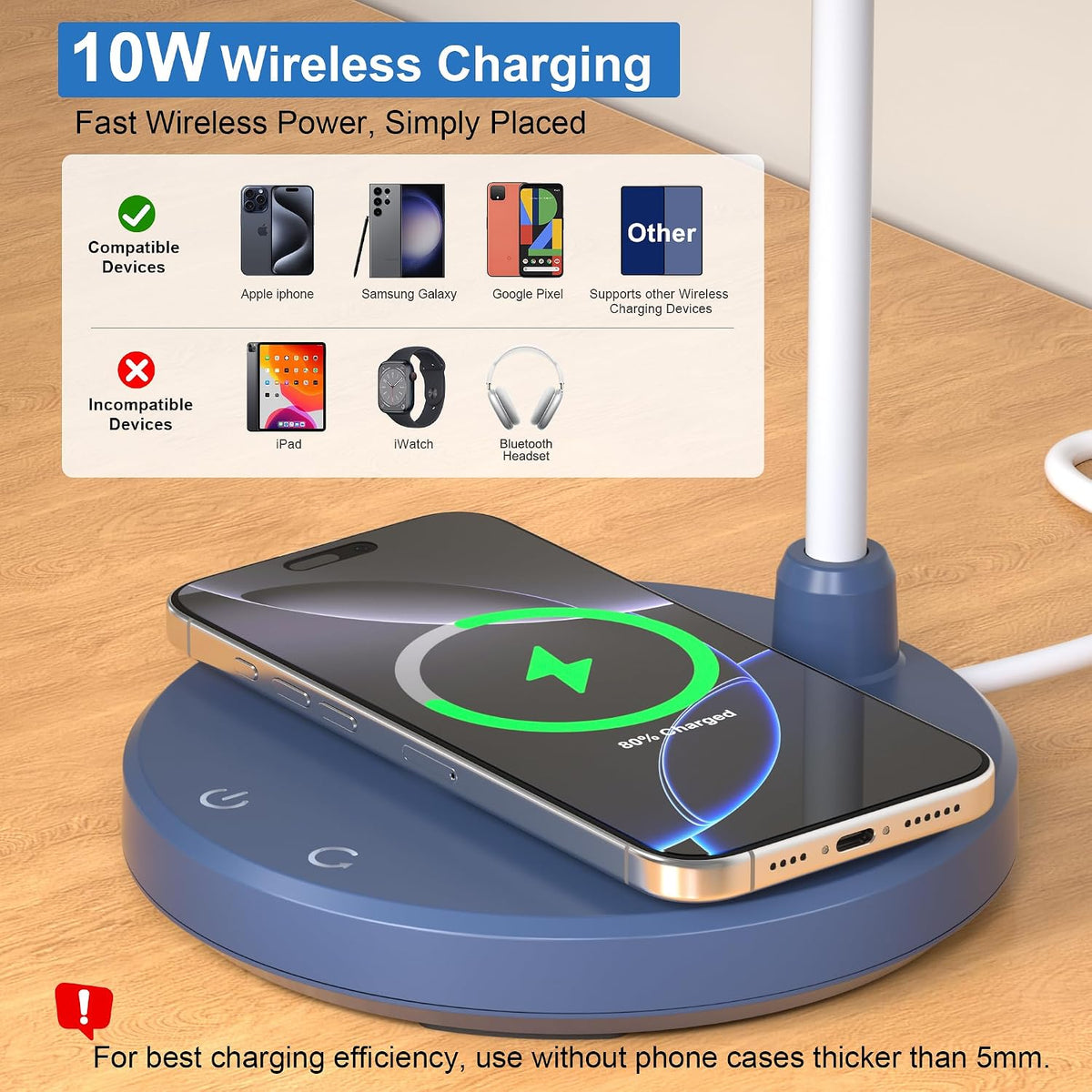 LED Desk Lamp for Home Office with Wireless Charger, Navy Blue