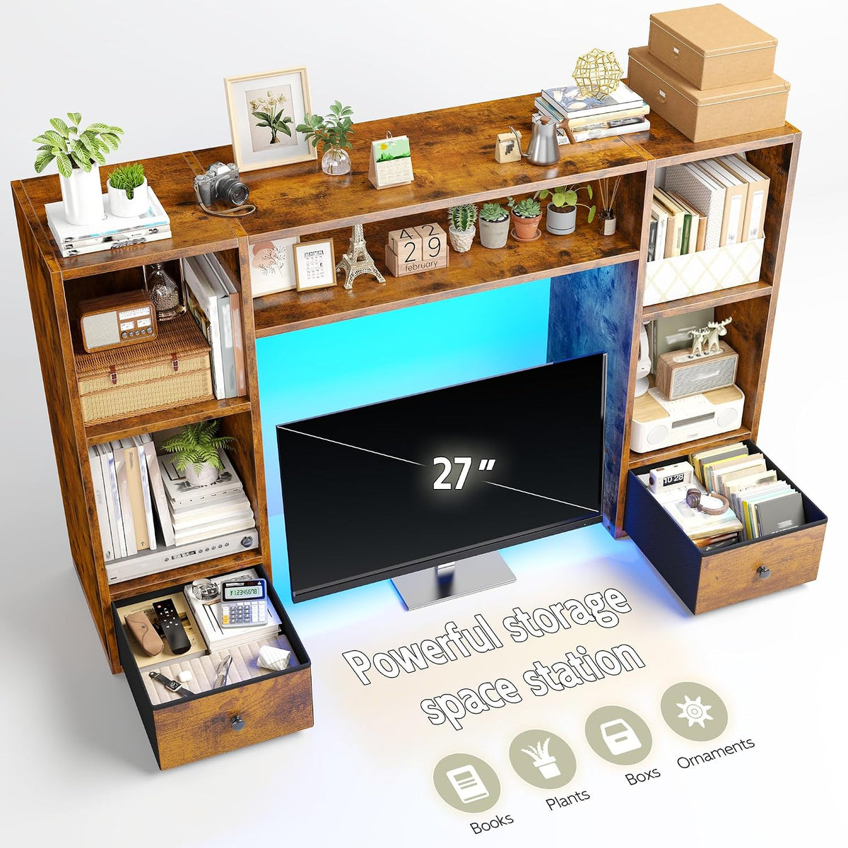 REIBII 47.2" Desktop Bookshelf, 6 Shelves & 2 Drawers, LED Lights, B...