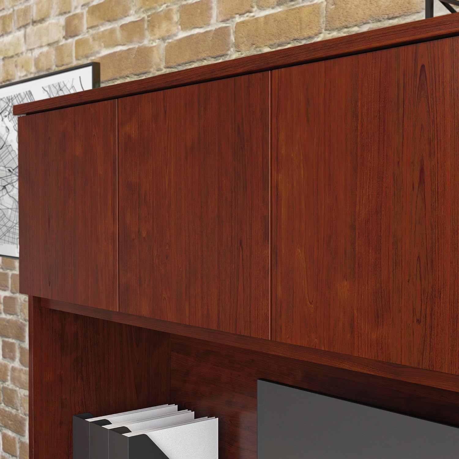 Pemberly Row Engineered Wood 60" x 36" Hutch, Classic Cherry Finish, Hidden Storage Behind Four Doors, Durable Office Desk Hutch for Workspace Organization