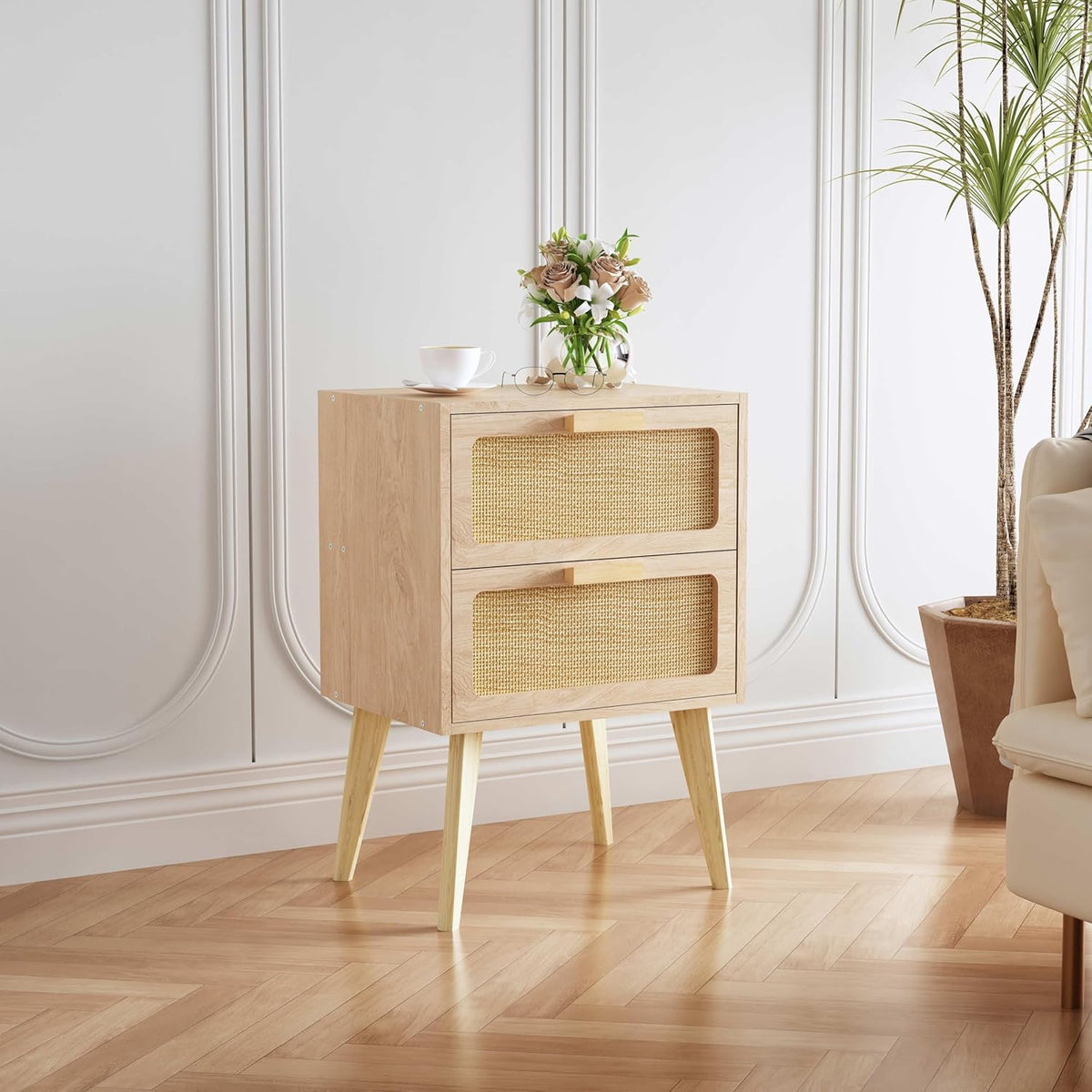 YAUKOMEL Rattan Nightstand, Natural End Table, Bedside Table