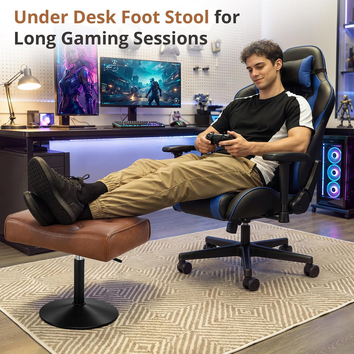 LUE BONA Adjustable Office Foot Rest Under Desk, Vanity Saddle Stool, Brown