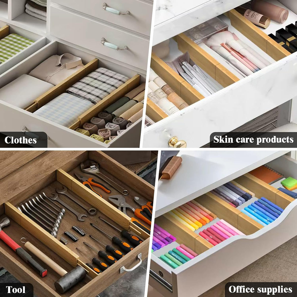 Bamboo Drawer Dividers, 12-21 Inch Kitchen Adjustable Drawer Organizers