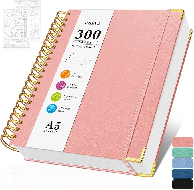 Bullet Dotted Journal Spiral Notebook, 300 Pages Leather Notebooks by OMEYA