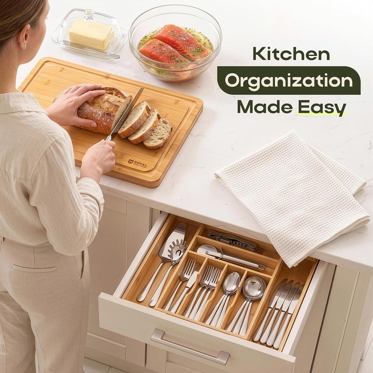 ROYAL CRAFT WOOD Luxury Bamboo Kitchen Drawer Organizer for Kitchen Organizat...