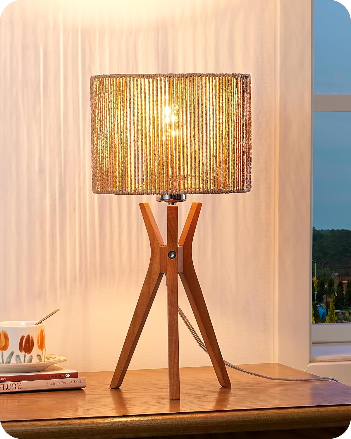 EDISHINE 17.5" Rattan Table Lamp, Handmade Paper Rope Woven Lampshade, E26