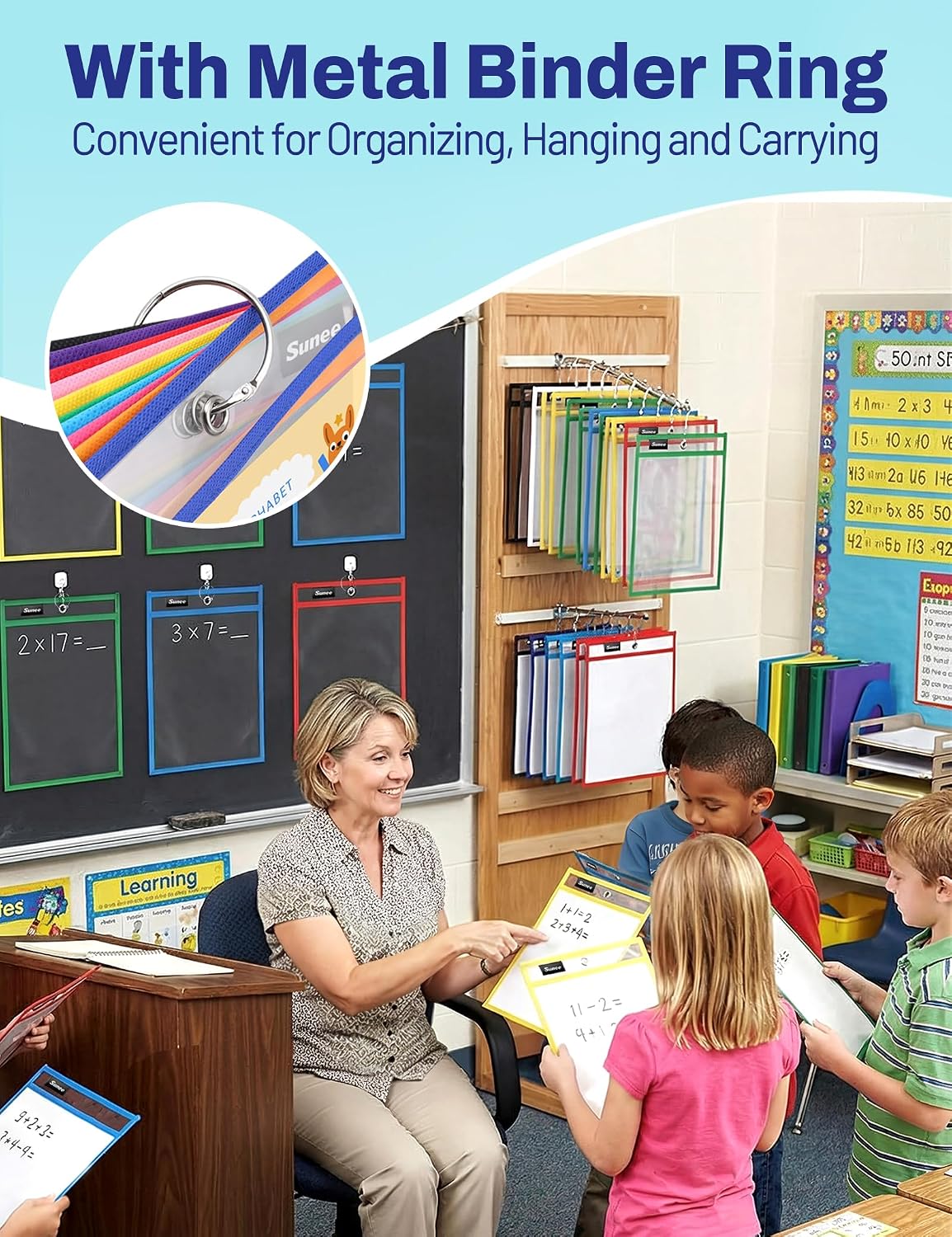 SUNEE 30 Packs Oversized Reusable Dry Erase Pocket Sleeves with 2 Rings, 10 Assorted Colors 10x14 Ticket Holders, Clear Plastic Sheet Protectors, Teacher School Classroom Supplies
