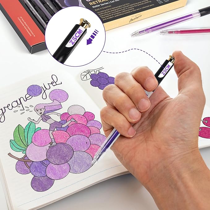 ZSCM Retractable Glitter Gel Pens, 12 Colors Large Capacity Purple Glitter - Image 6