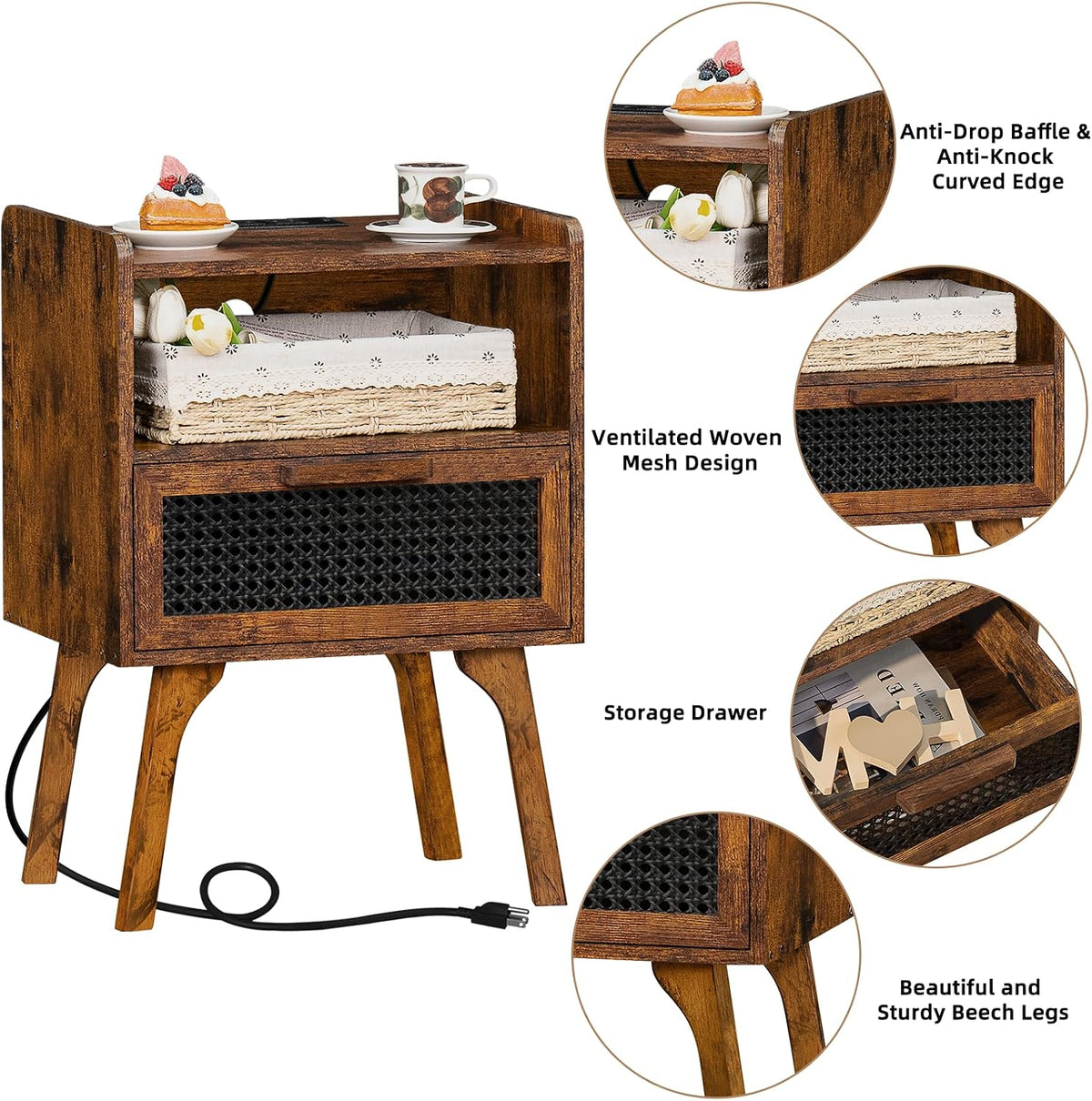Lerliuo Rattan Nightstand with Charging Station, Side Table with Drawer