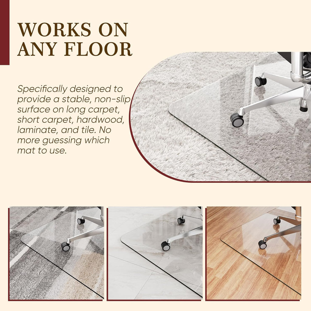 30" x 48" Tempered Glass Office Chair Mat for Carpet & Hardwood Floor, 1/5" Thick Clear Floor Protector Desk Chair Mat with Rounded and Polished Edges