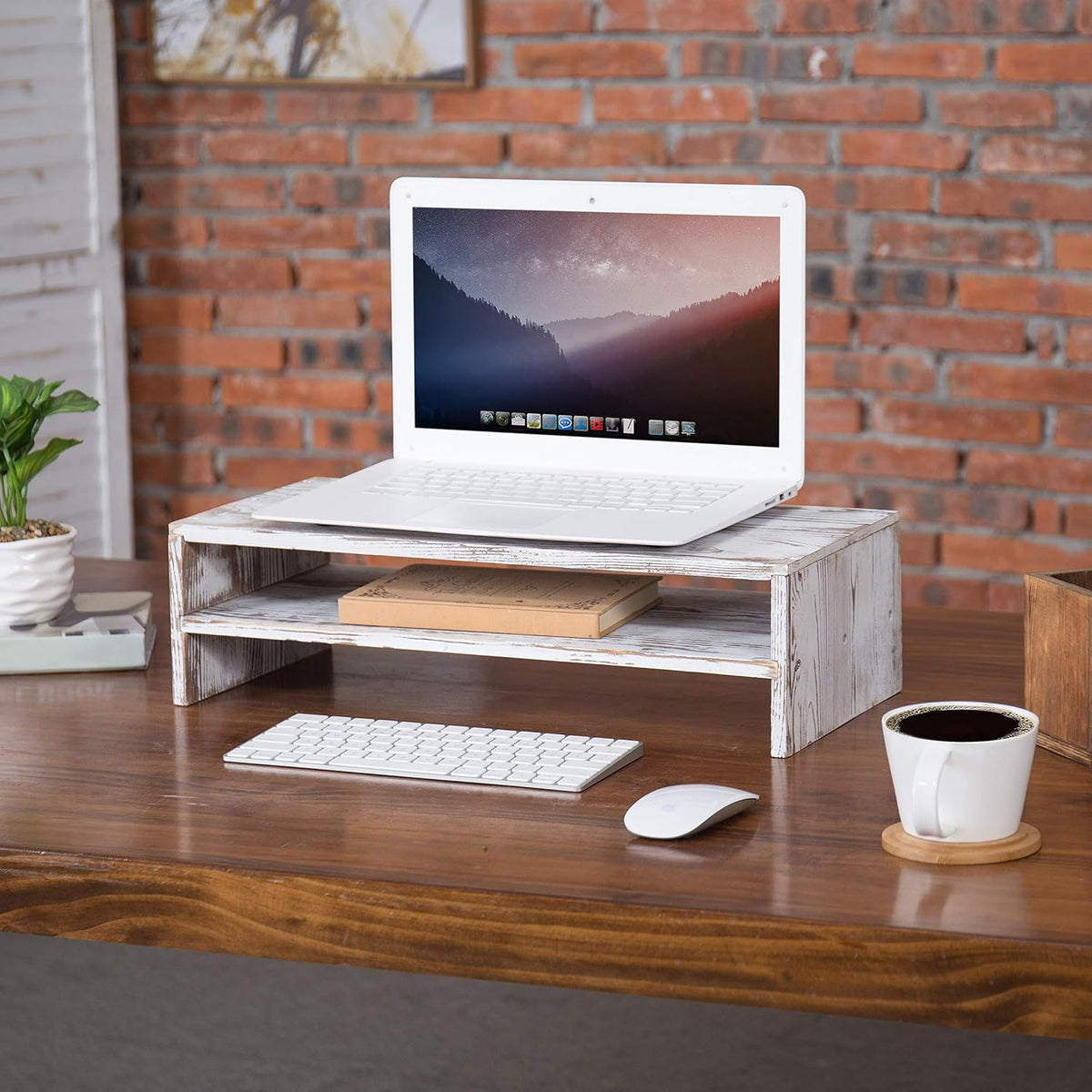 MyGift Whitewashed Wood Monitor Stand, 2 Tier Computer Desk Riser Shelf