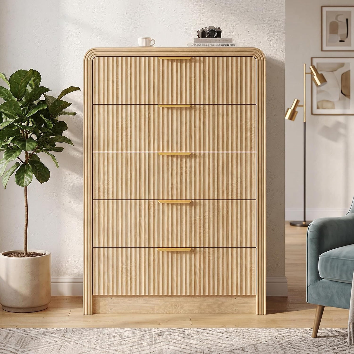 Decofy Fluted Wood Dresser 5 Drawers 48" Tall Curved Modern Chest Organizer