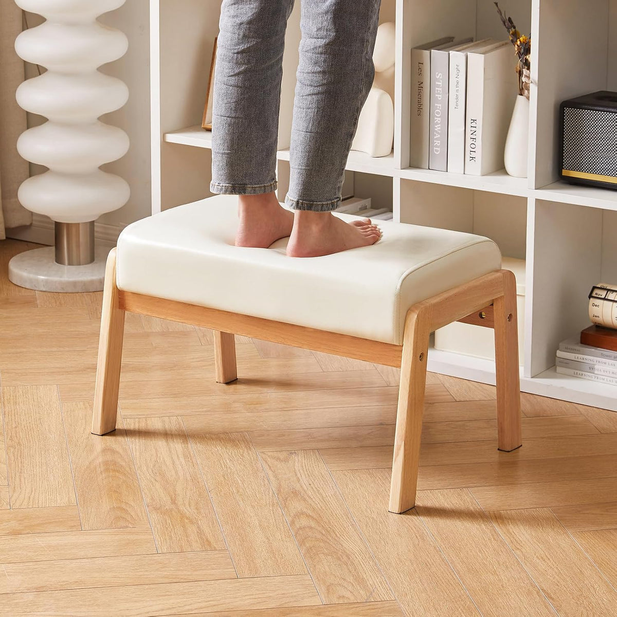 IBUYKE Large Footstool Ottoman, PU Faux Leather Footrest, White WBD031W