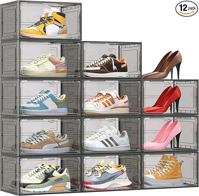 TOFWOF 12 Pack XX Large Shoe Organizer, Heavy-Duty Hard Thicken Plastic Clear by TOFWOF