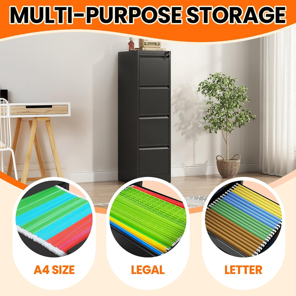 4 drawer file cabinet with lock,vertical filing storage showing dimensions