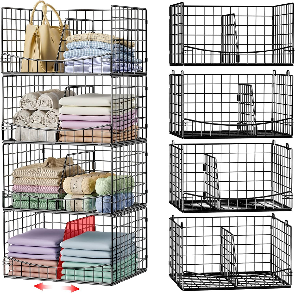 Hongtamoya 4-Tier Closet Organizers and Storage Basket with Divider, Foldable...